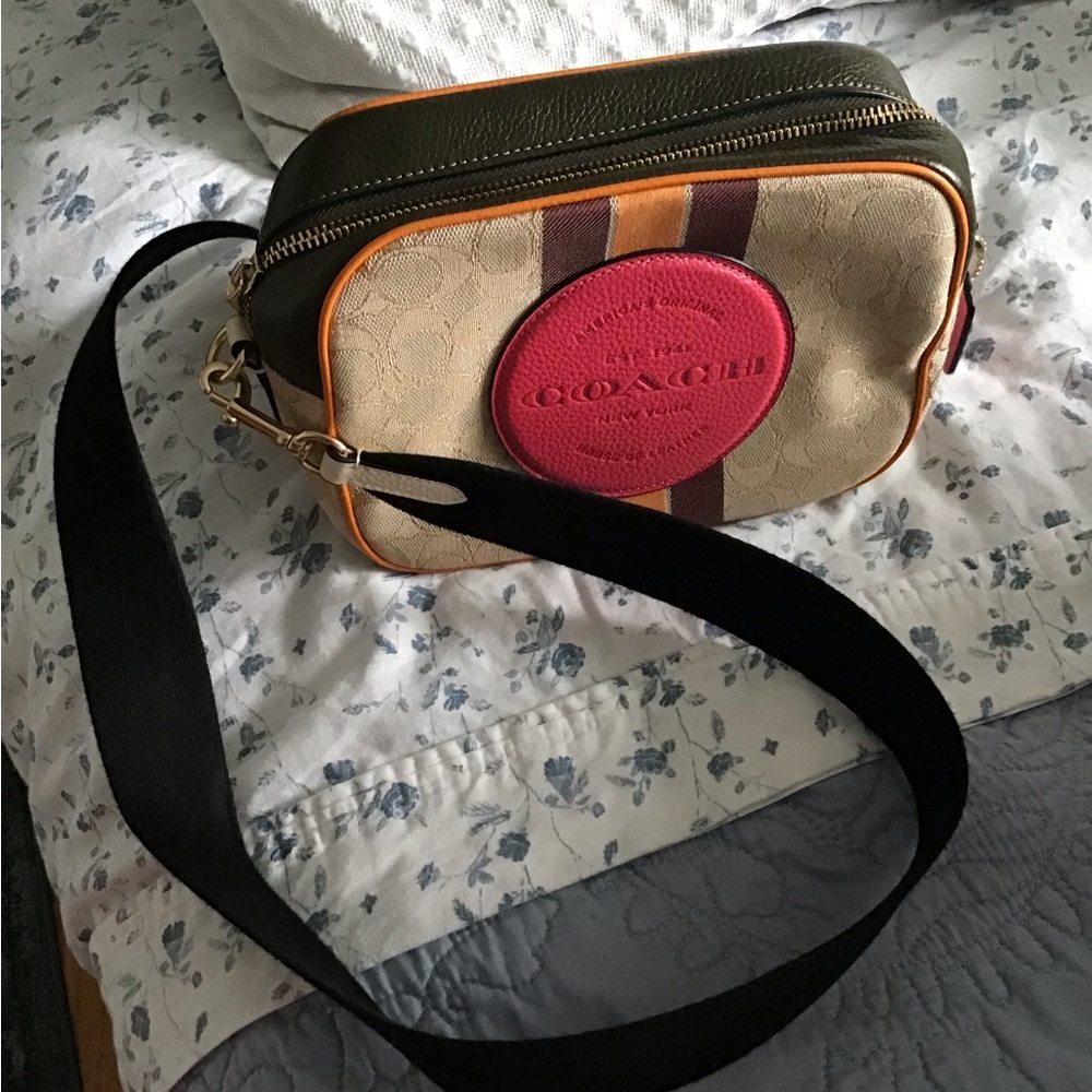 Coach Tan and Pink Camera Bag with Retro Aesthetic